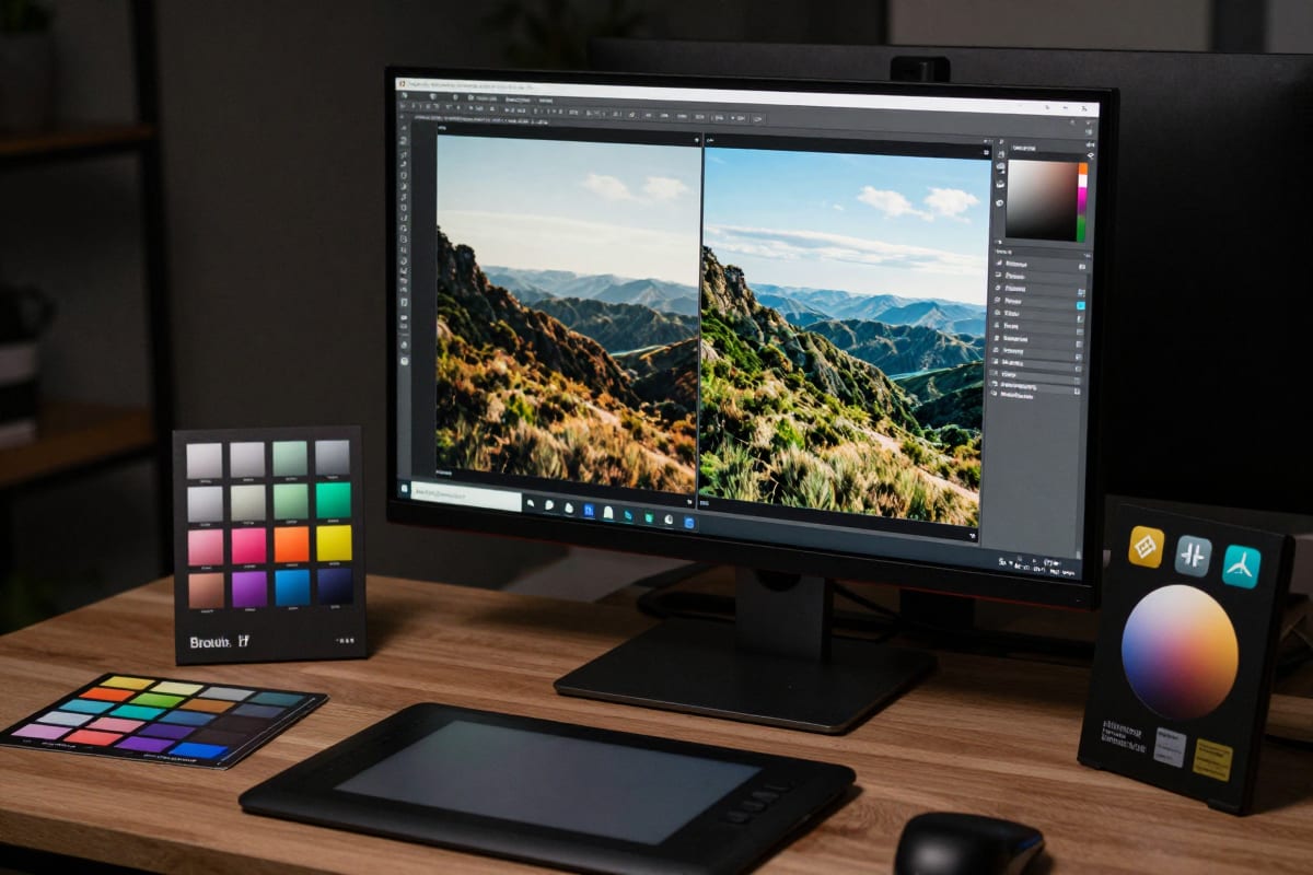 Photographer's desk with a large monitor displaying a before-and-after split of a landscape photo at low resolution versus ultra-high resolution, surrounded by color calibration cards and a graphics tablet