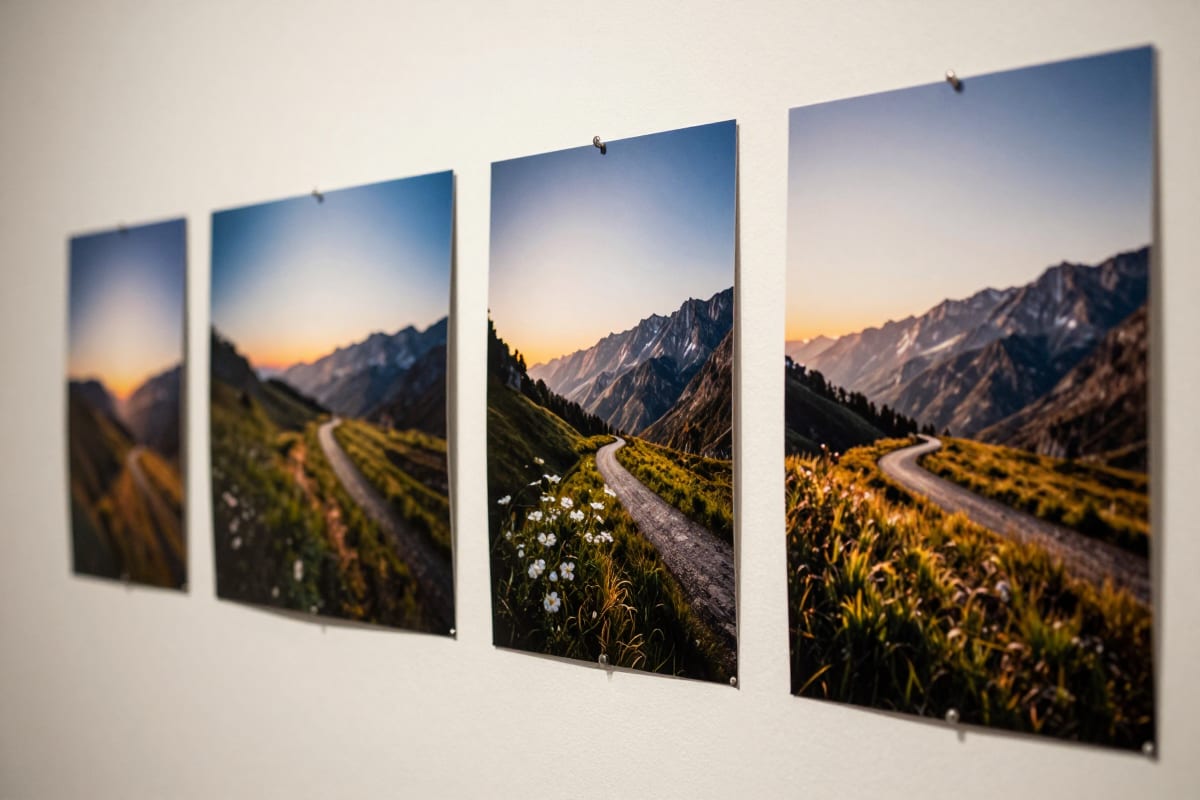 Row of five identical landscape photographs printed at different sizes from postcard to poster format, pinned to a gallery wall showing progressive detail retention at each size
