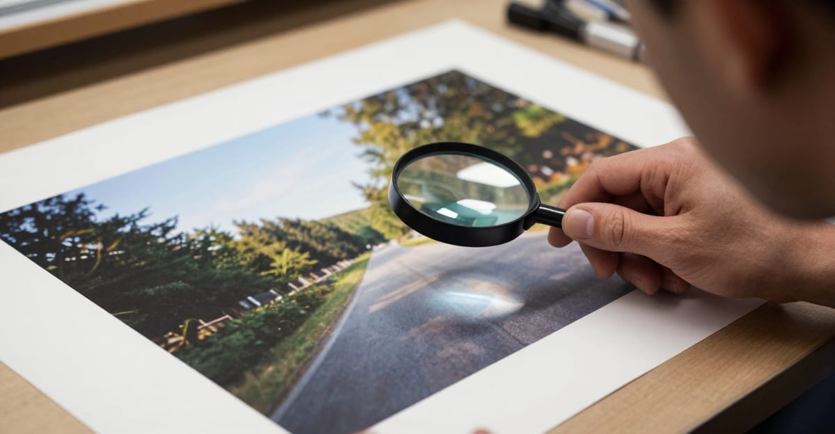 Close-up of a professional large-format inkjet printer outputting a vibrant landscape photograph onto premium glossy paper in a clean print studio with warm overhead lighting