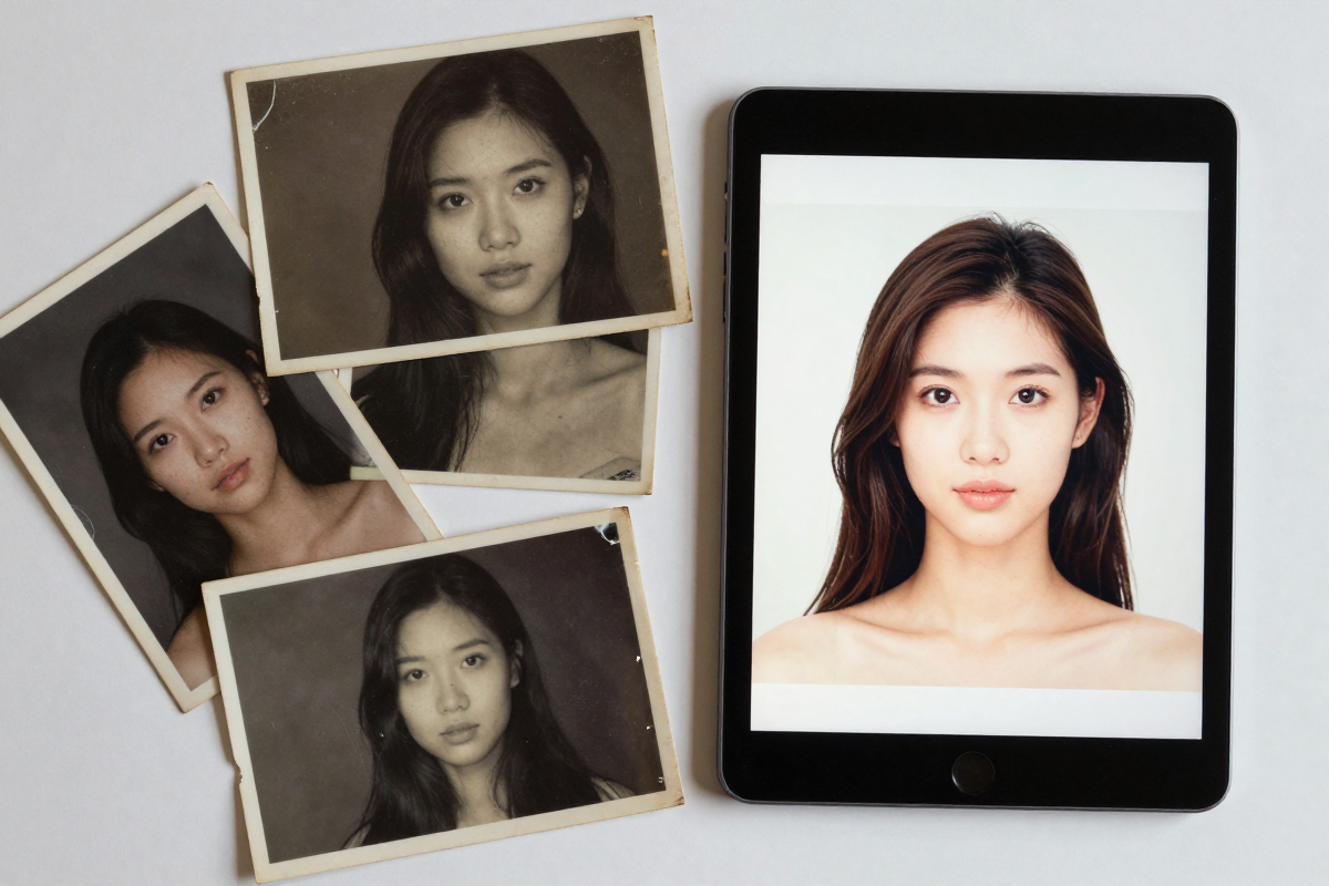 Old scratched photos beside a tablet showing a cleanly restored portrait