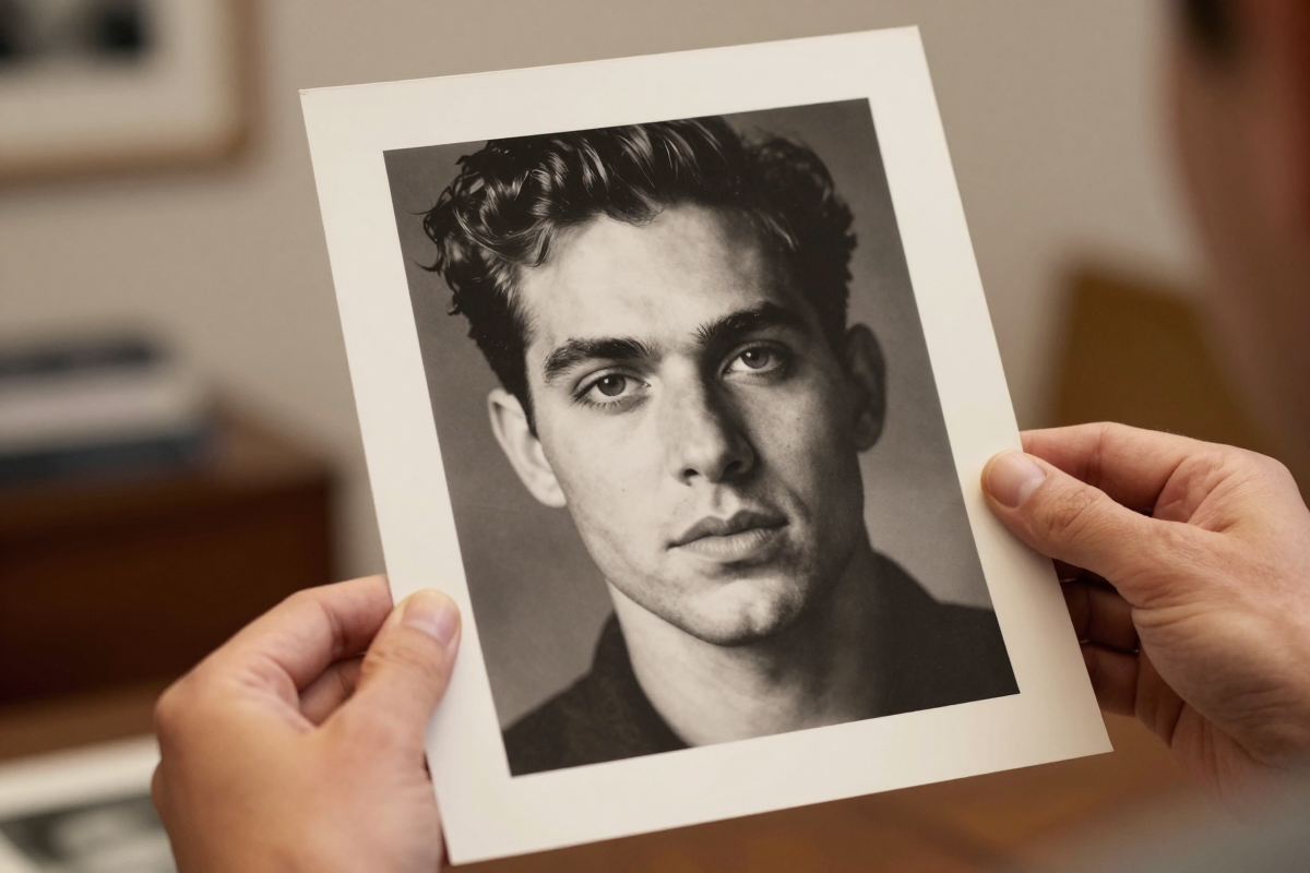 Hands holding a sharply restored portrait print in warm light