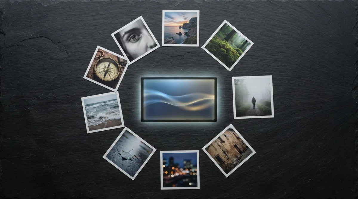 Nine reference photographs arranged around a central video frame