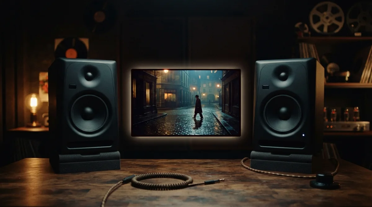 Stereo speakers beside a film frame representing audio generated with video