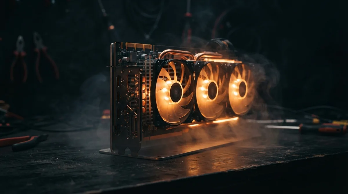 A GPU card glowing under load representing training compute
