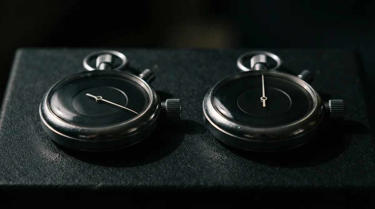 Two identical stopwatches side by side illustrating render time versus playback time