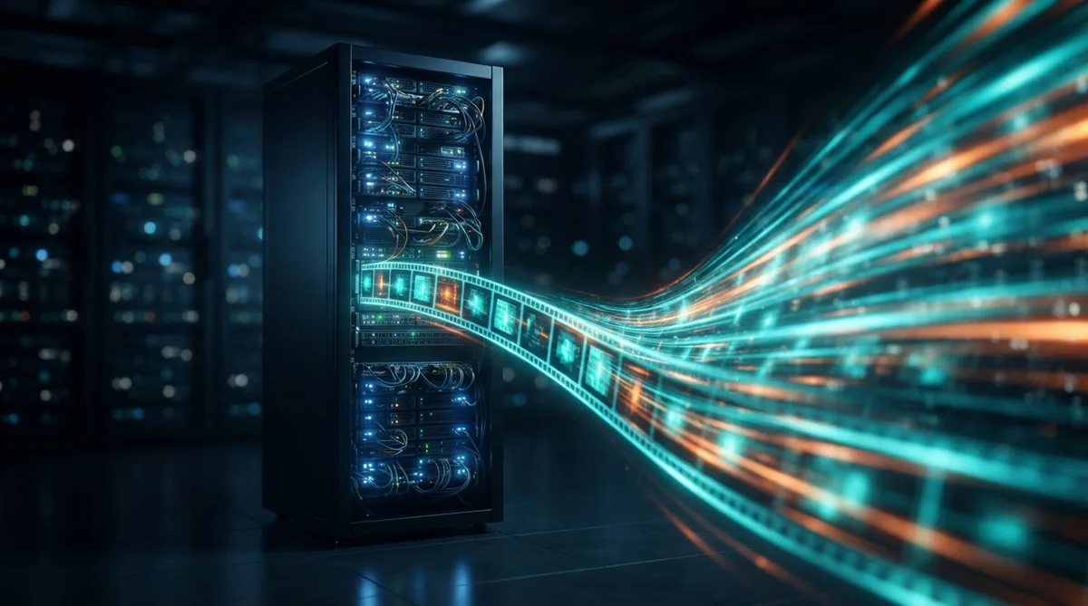 Video frames streaming from a server rack representing generation throughput