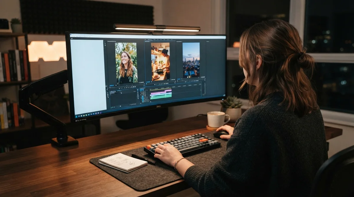 A creator iterating quickly on short video drafts at a desk