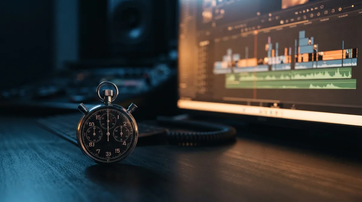 Precision stopwatch beside a video editing timeline representing measured AI video generation speed