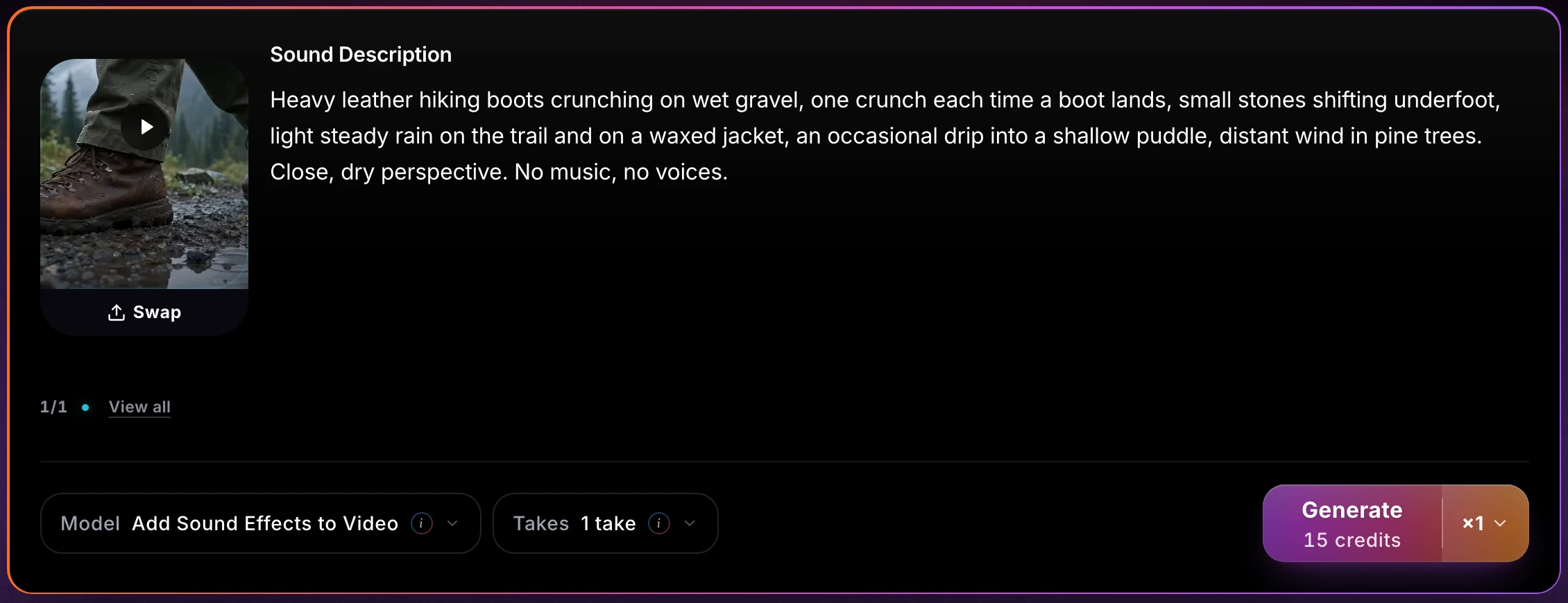 Real product screenshot: the Add Sound Effects to Video studio with a 5-second hiking-boots clip loaded, the foley description typed into Sound Description, Takes set to 1 take and the Generate button showing 15 credits