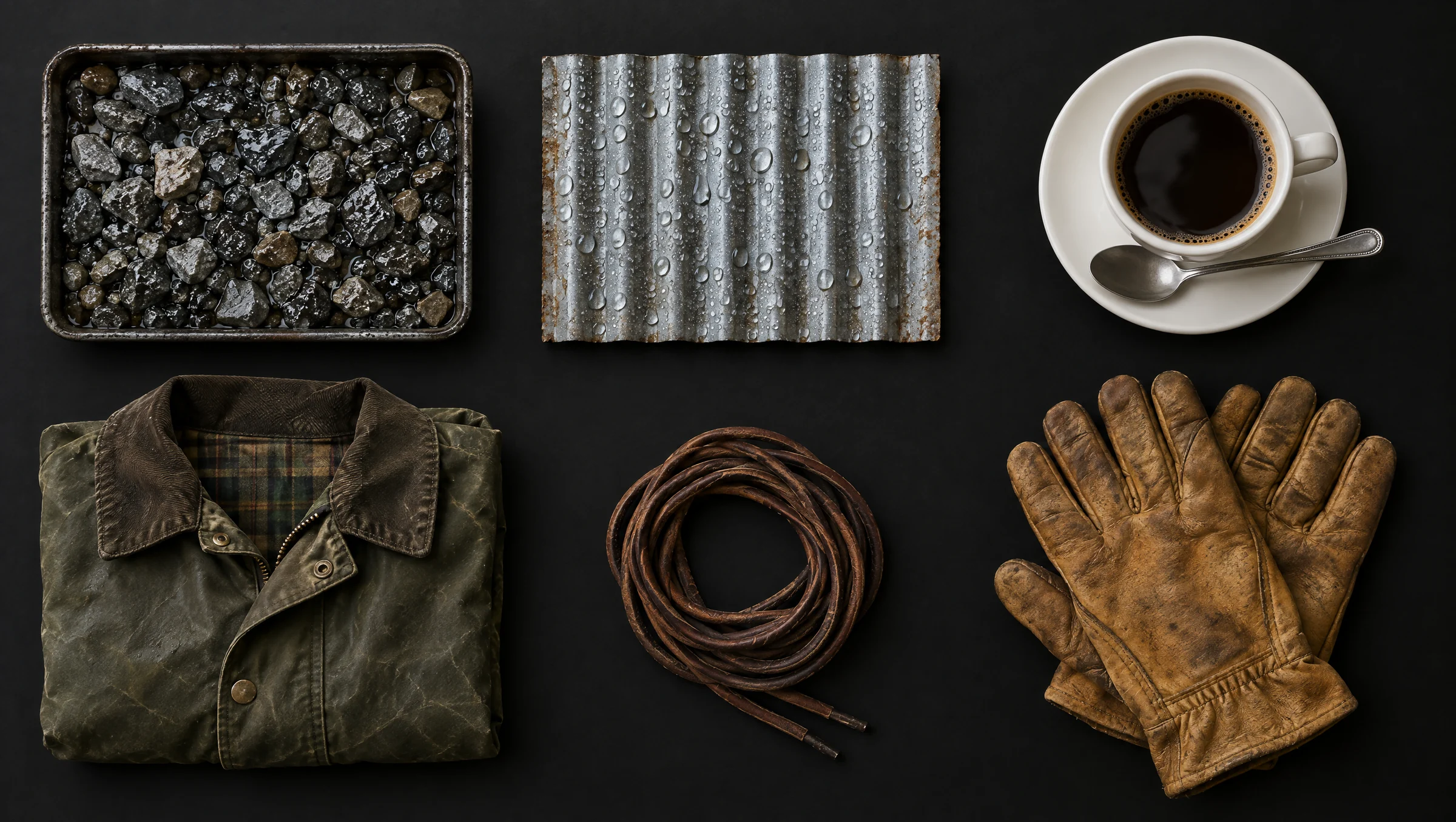 Illustration: foley materials laid out on a black surface: a tray of wet gravel, a sheet of corrugated tin with water droplets, a coffee cup on a saucer, a folded waxed jacket, leather laces and worn leather gloves