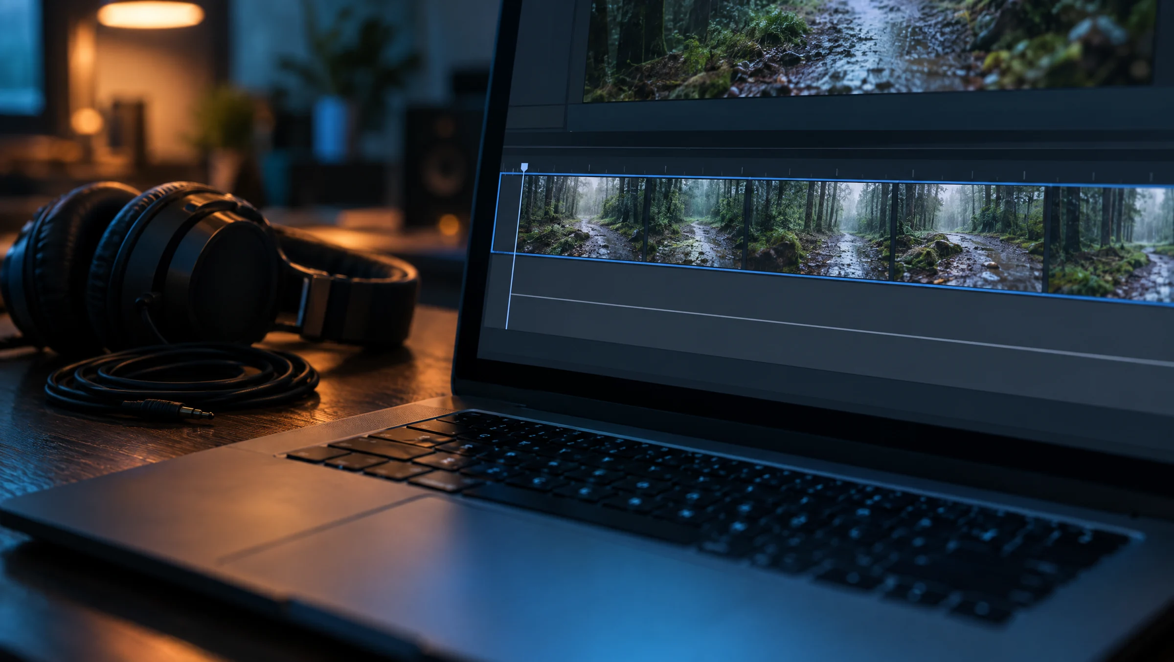 Illustration: a laptop in a dim editing room showing a video timeline with a filled picture track above a flat, empty audio track, with unplugged headphones beside it