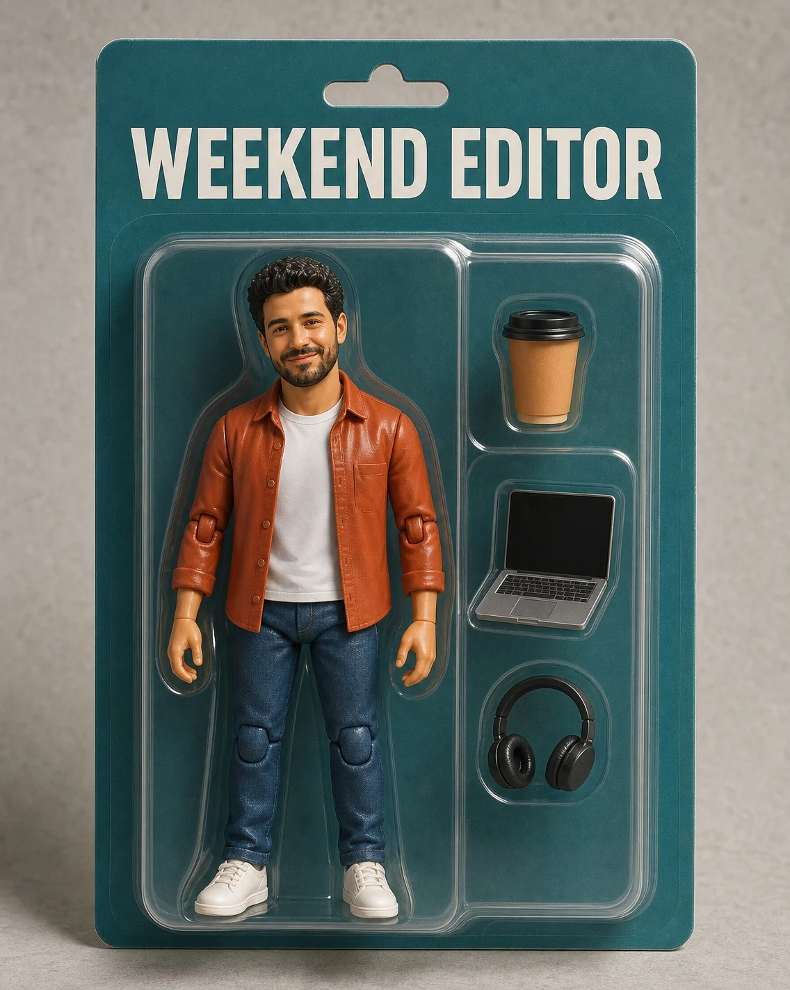 The same man as a boxed action figure on a teal card printed WEEKEND EDITOR, with a coffee cup, laptop and headphones in separate blister compartments