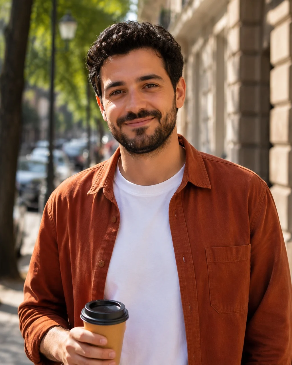Waist-up photo of a smiling man with dark curly hair and a trimmed beard, rust-orange overshirt, holding a takeaway coffee on a sunny street