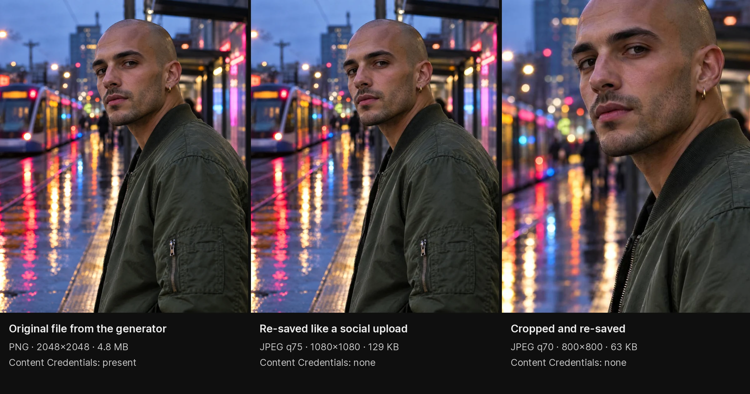Demonstration: one generated portrait of an invented man saved three ways: the original 2048-pixel PNG (4.8 MB, Content Credentials present), a 1080-pixel JPEG re-save (129 KB, none) and a cropped 800-pixel JPEG (63 KB, none)