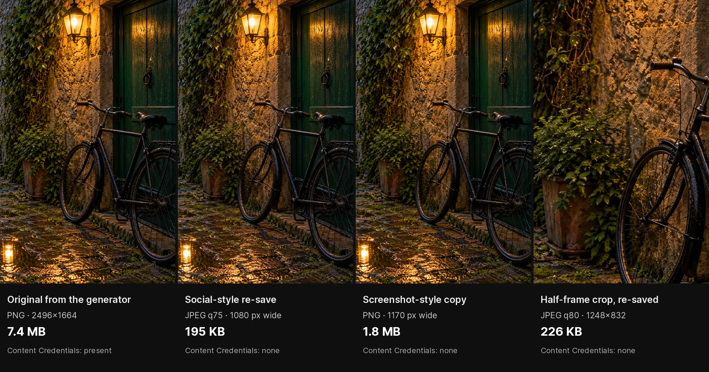 Demonstration: one generated alley photo saved four ways with measured sizes: original PNG 7.4 MB with Content Credentials, 1080-pixel JPEG 195 KB, 1170-pixel PNG 1.8 MB and a half-frame JPEG crop 226 KB, the last three without Content Credentials