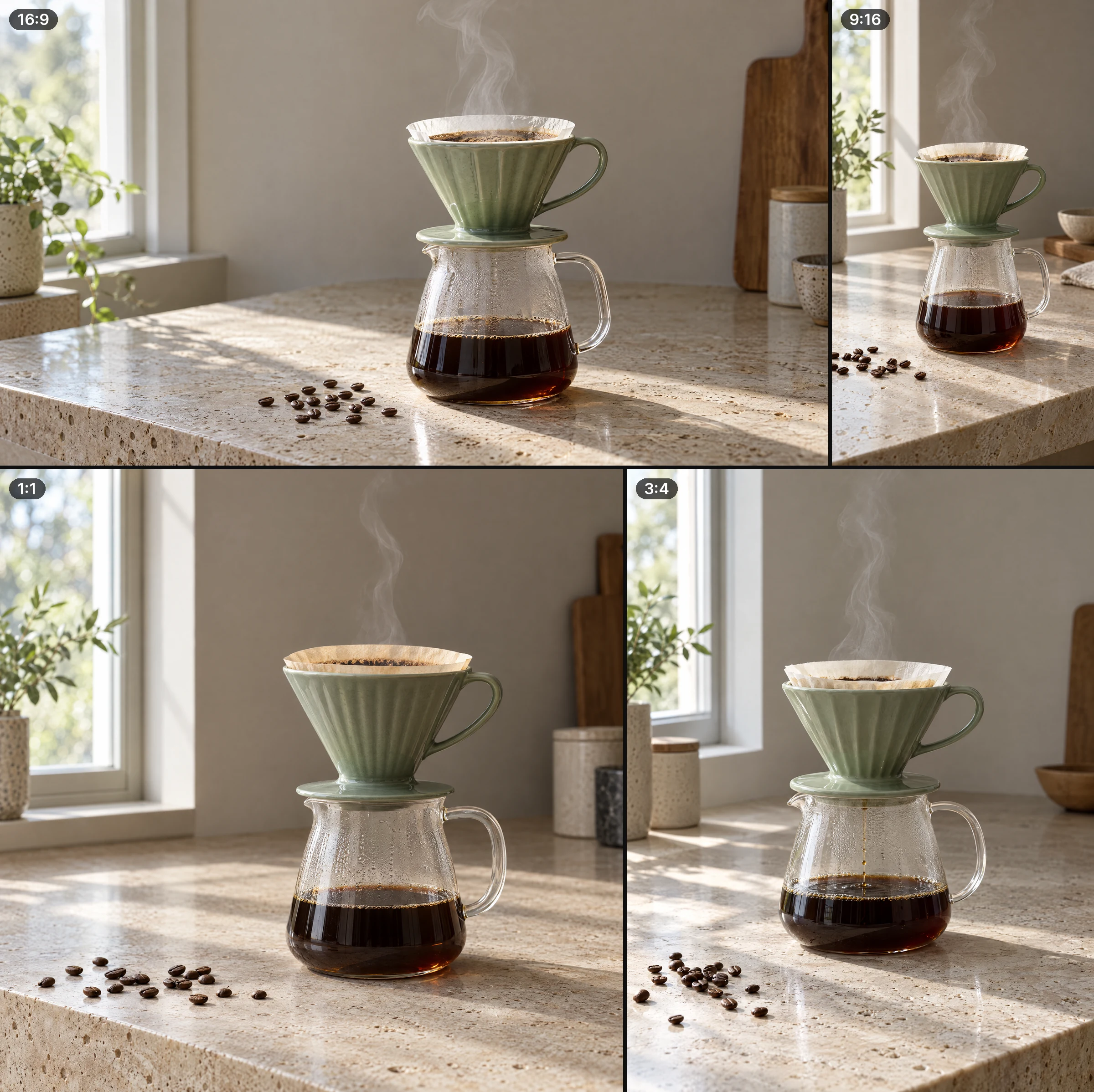 One coffee-dripper prompt generated in four formats: 16:9, 9:16, 1:1 and 3:4