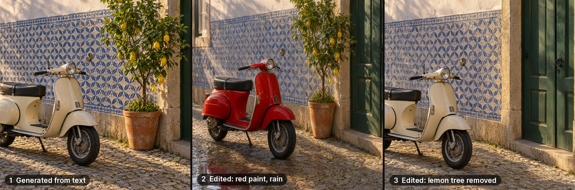 The same street scene three ways: a cream scooter generated from a text prompt, the scooter repainted red with rain added by an image edit, and the lemon tree removed by a second edit