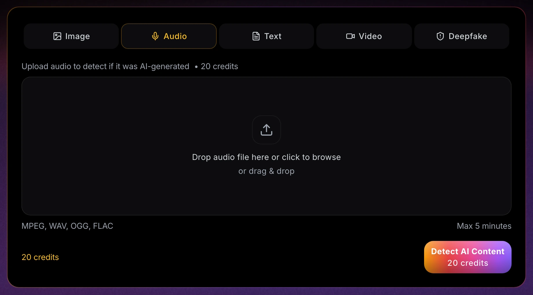 Screenshot: the Audio tab of Imagera's detector, with the upload area, the accepted formats, a 5-minute limit and the Detect button