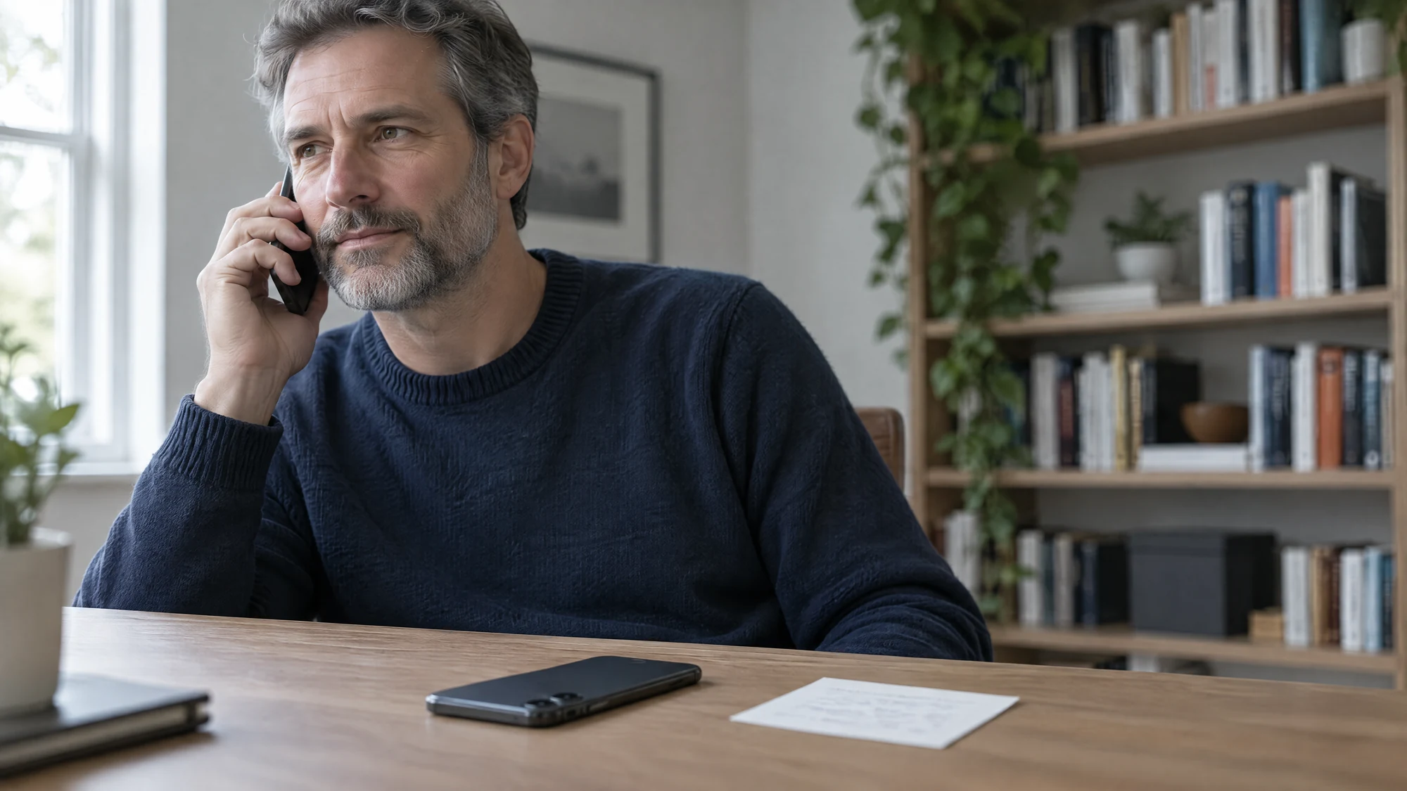 Illustration: a man calls someone back on a second phone, with the phone from the suspicious call lying face-down on the desk