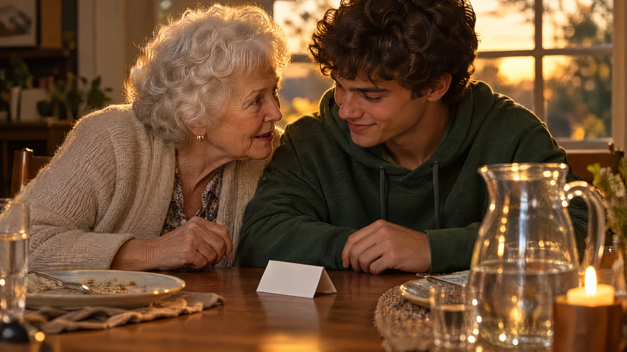 Illustration: a grandmother quietly shares a code word with her adult grandson at the dinner table, a folded note between them