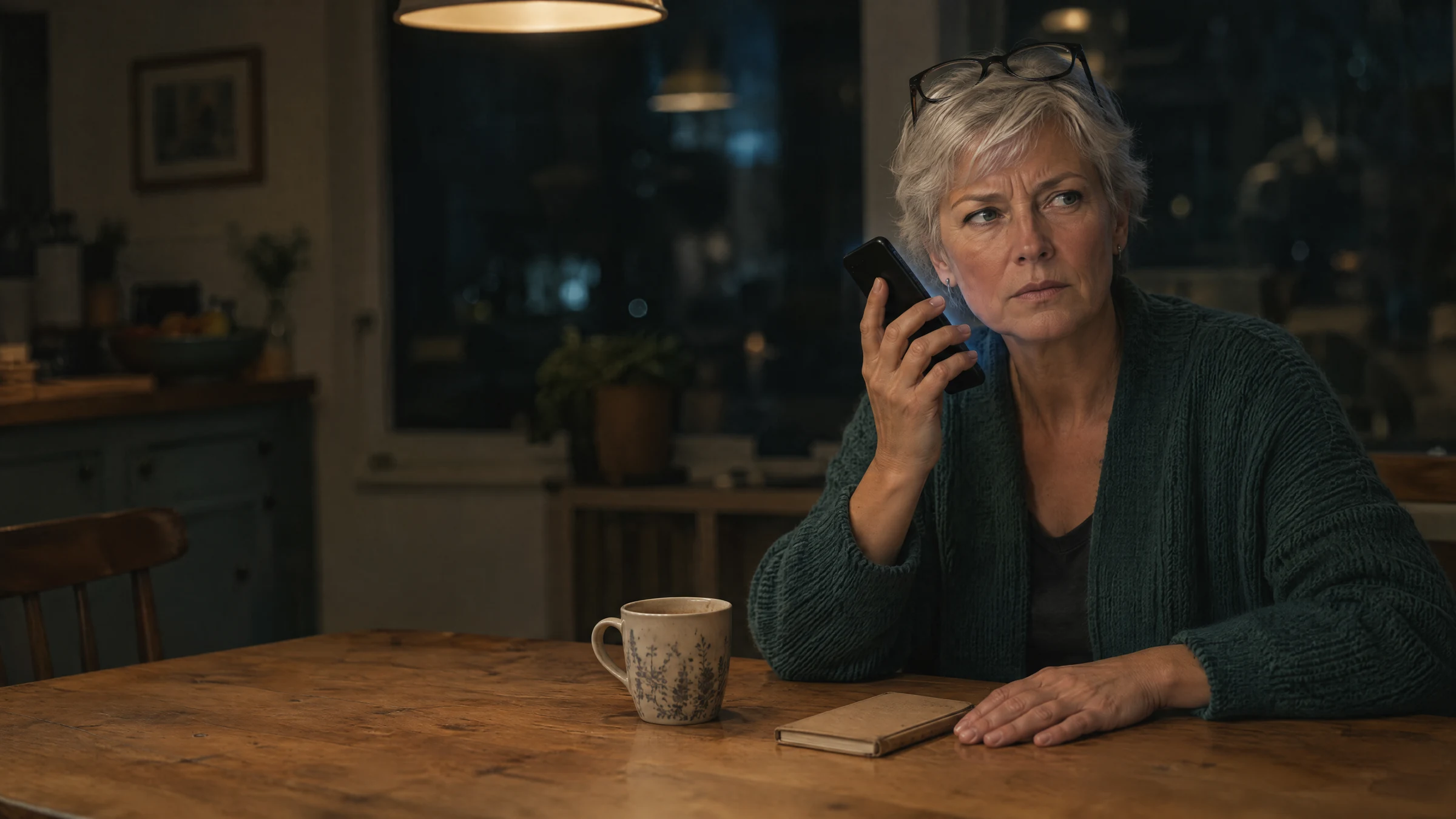 Illustration: a woman in her sixties pauses mid-call at her kitchen table at night, wary of the voice on the line