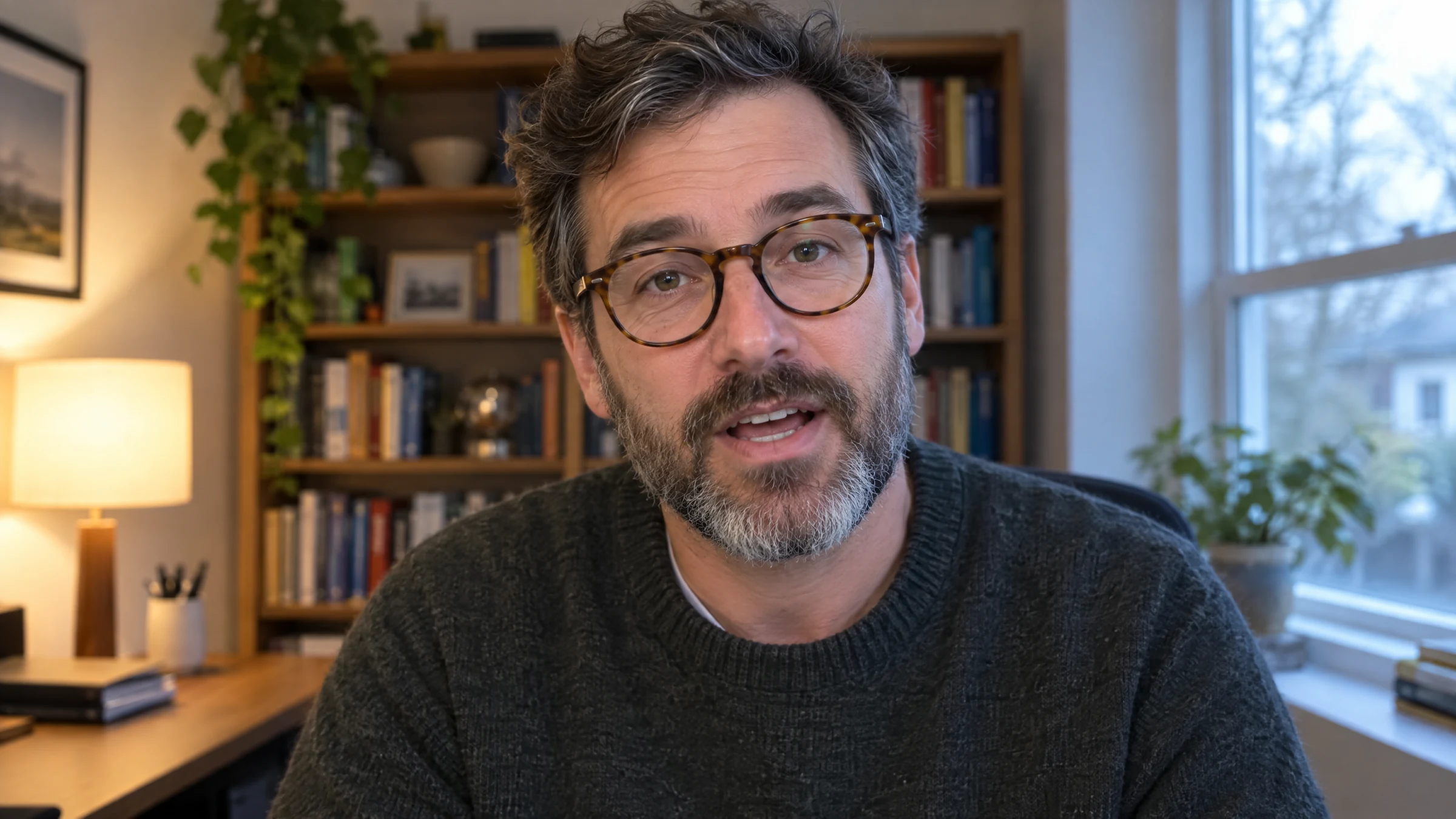Illustration: an invented man with round glasses recording a talking-head video in a home office