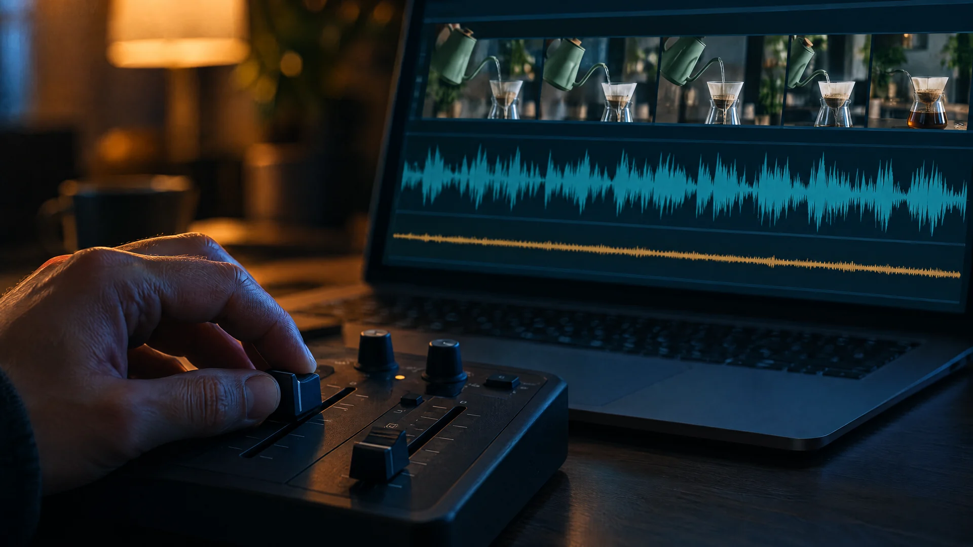 Illustration: a hand on a small mixer fader in front of a laptop showing kettle frames above a tall voice waveform and a much quieter music waveform