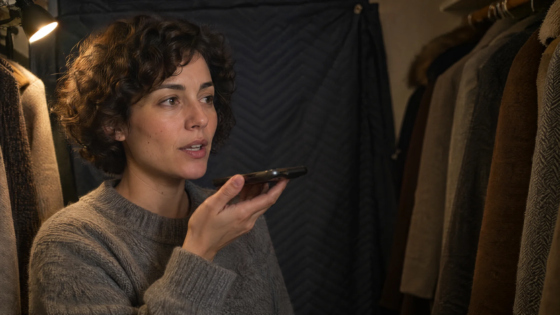 Illustration: a woman recording a short voice sample into a phone inside a closet lined with coats and a quilted blanket