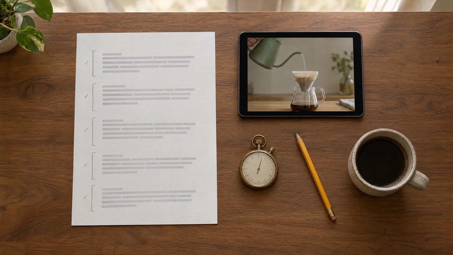 Illustration: overhead view of a printed script split into five pencil-bracketed blocks beside a stopwatch and a tablet showing a kettle pouring into a coffee dripper
