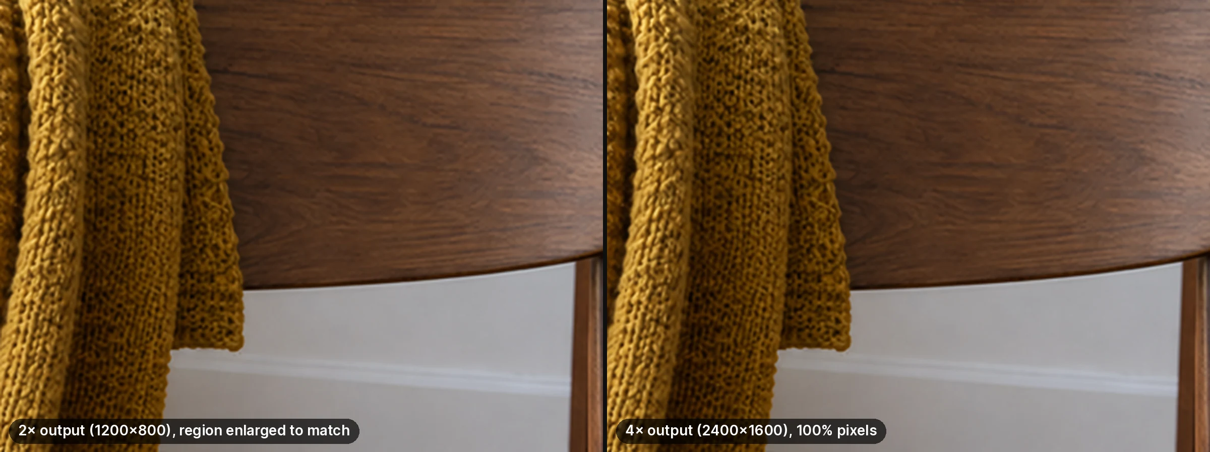 The same knitted-scarf region from the 2× and 4× outputs shown at the same size: the 4× version is larger but no more detailed