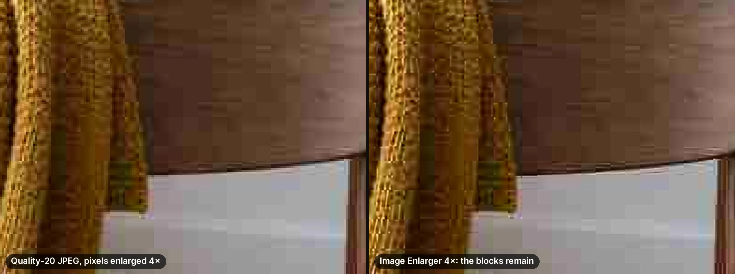 A quality-20 JPEG of the scarf enlarged four times: the square compression blocks are still visible, with slightly crisper edges