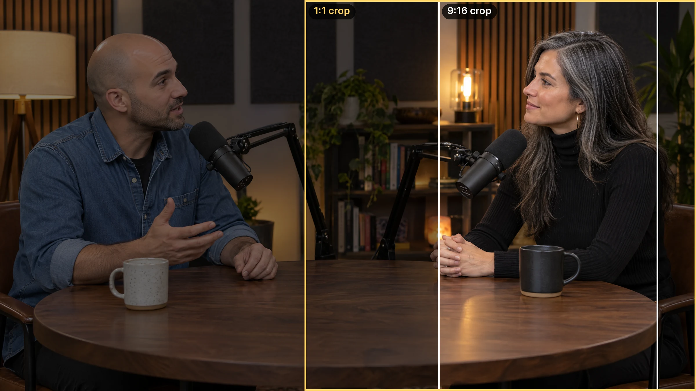 Illustration: a wide two-person podcast frame with 9:16 and 1:1 crop areas outlined on one speaker