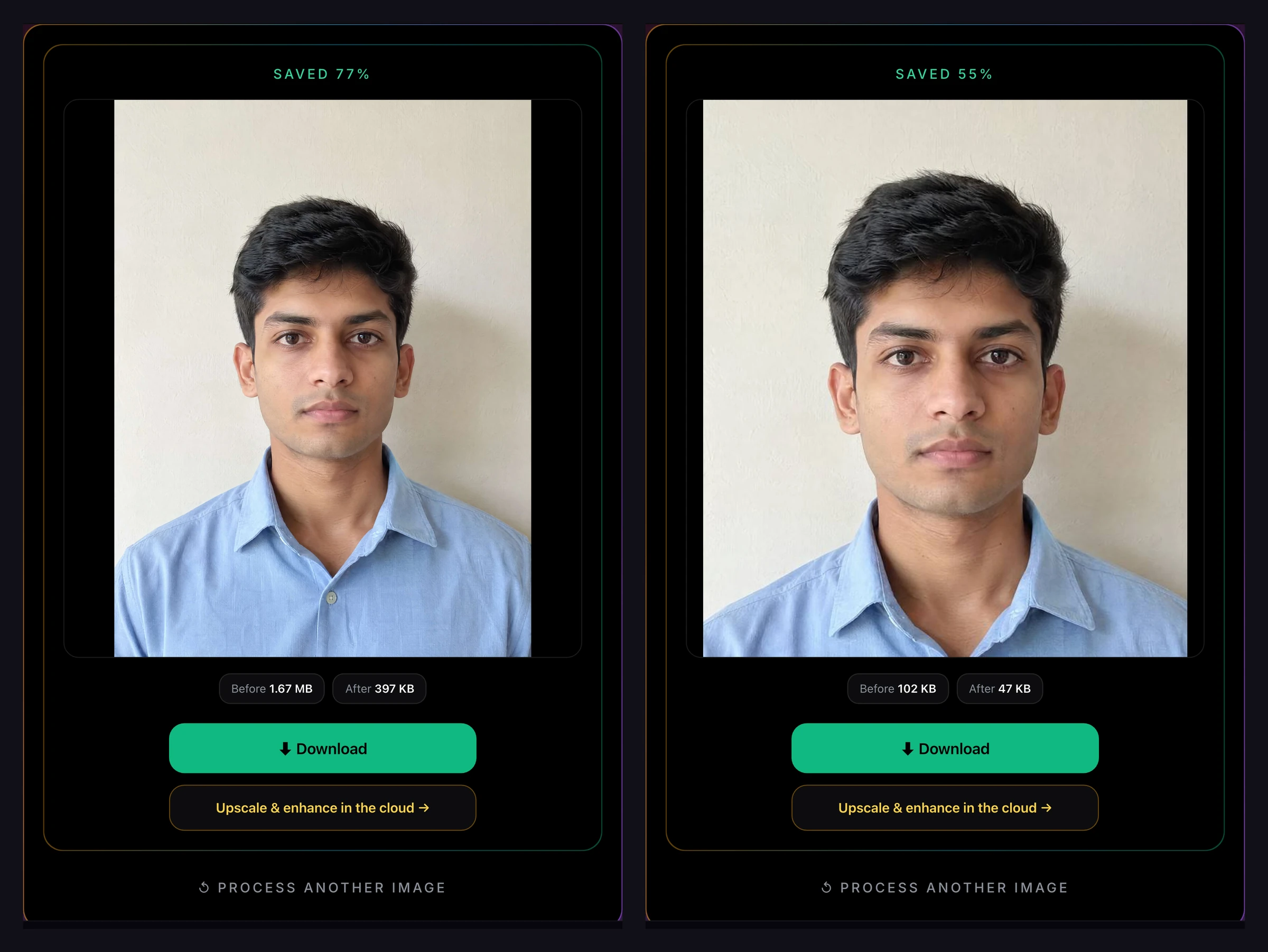 Real result: two Image Compressor result cards. Left, Compress at 0.047 on the full-size photo shows Saved 77%, 1.67 MB before and 397 KB after. Right, Compress at 0.047 on the resized 696 × 800 photo shows 102 KB before and 47 KB after