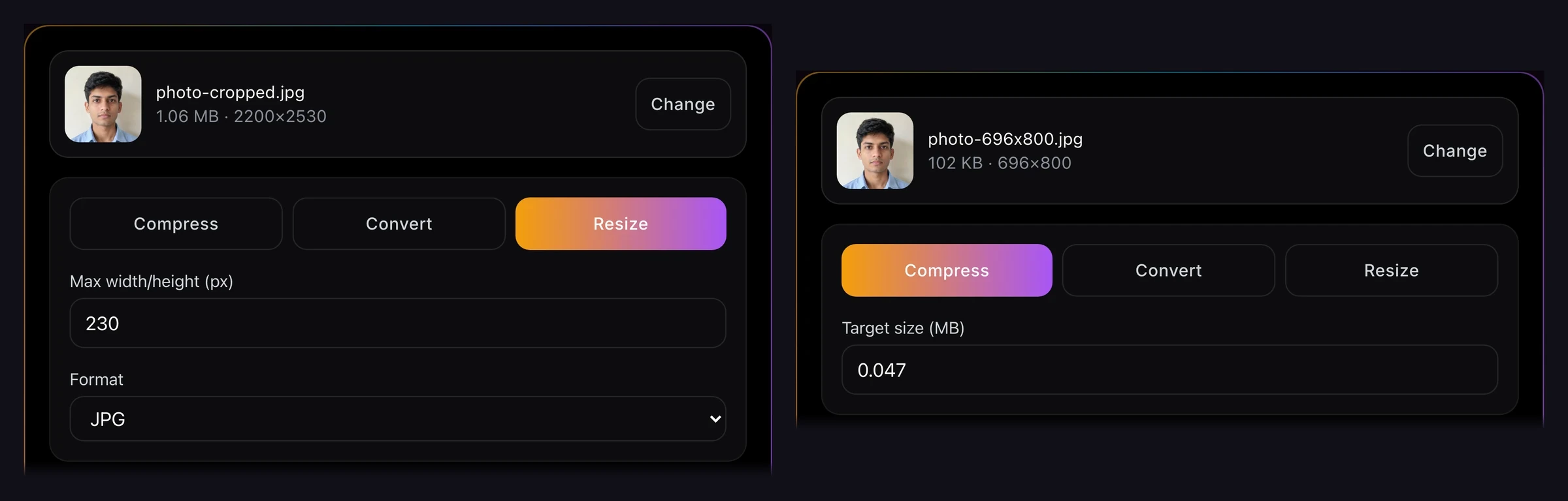 Real product capture: the Image Compressor with Resize selected and 230 typed as the max width or height, next to Compress selected with 0.047 typed as the target size in MB