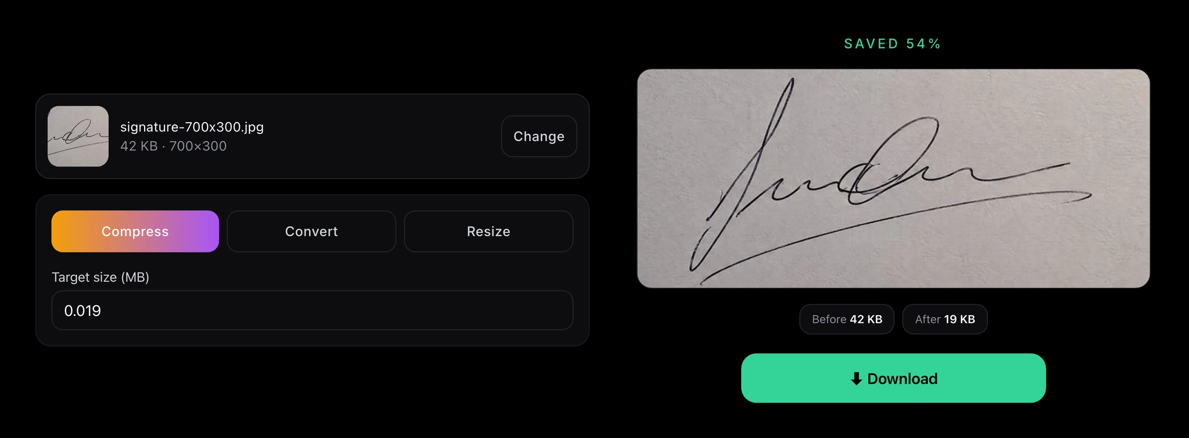 Two real product captures from one test, placed side by side: the Image Compressor with a 700 × 300 signature file loaded, Compress selected and 0.019 typed as the target size in MB, and the result card that replaces those controls, showing Saved 54%, 42 KB before and 19 KB after
