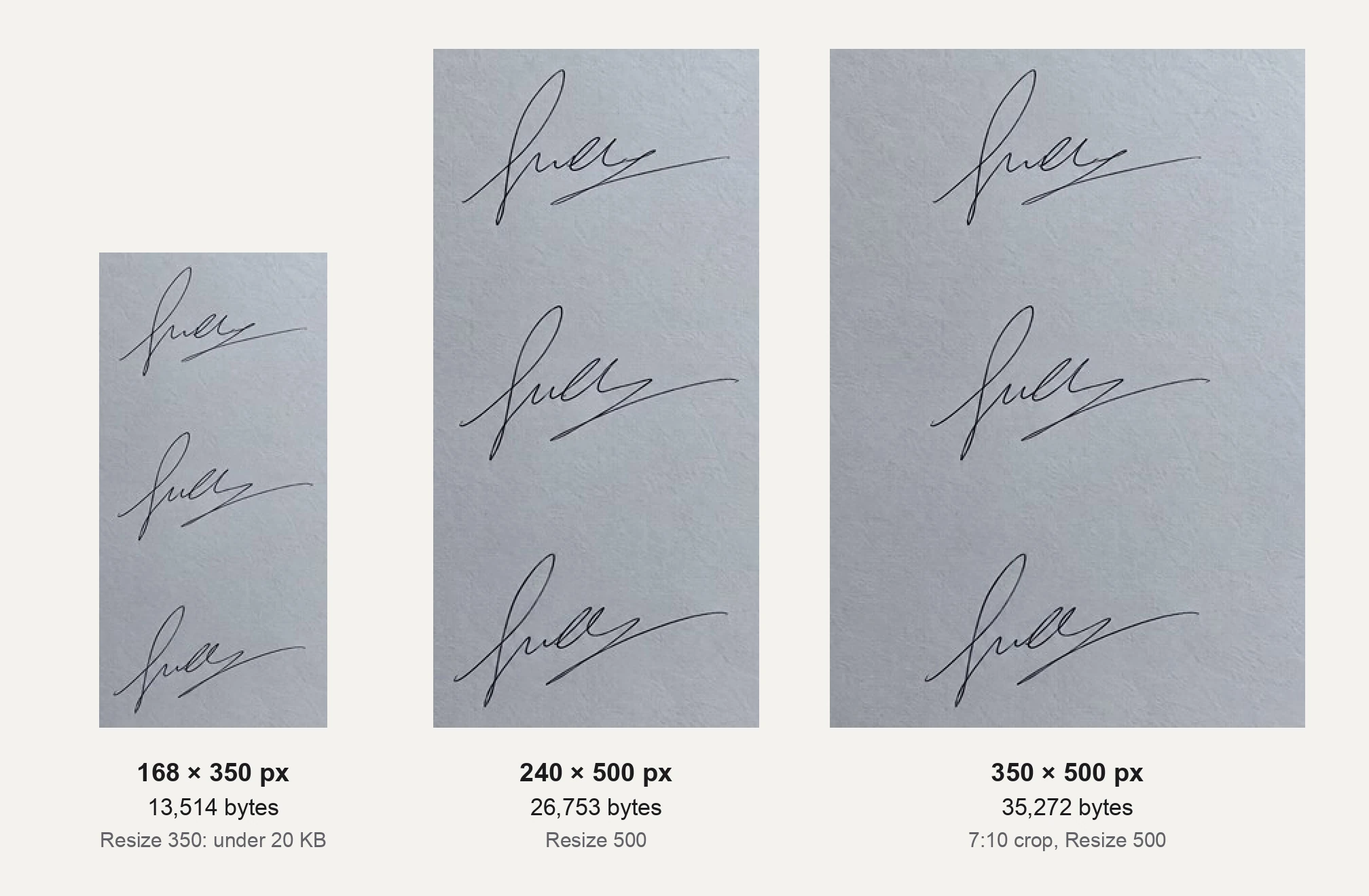 Real result: three versions of one three-signature image drawn at actual pixel size: 168 × 350 px at 13,514 bytes from Resize 350, 240 × 500 px at 26,753 bytes from Resize 500, and 350 × 500 px at 35,272 bytes from a 7:10 crop and Resize 500