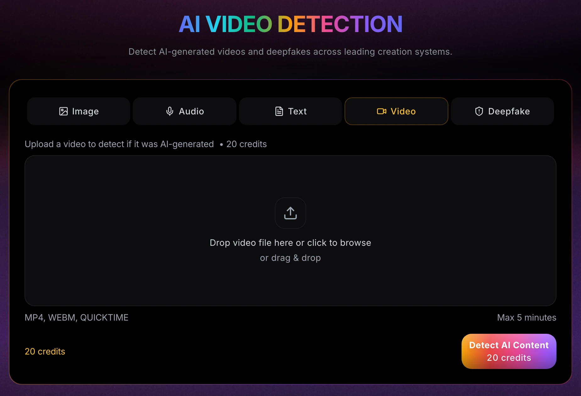 Screenshot of the Imagera video detection studio with the Video tab selected, a drop zone for MP4, WebM or QuickTime files up to 5 minutes, and a Detect AI Content button showing 20 credits