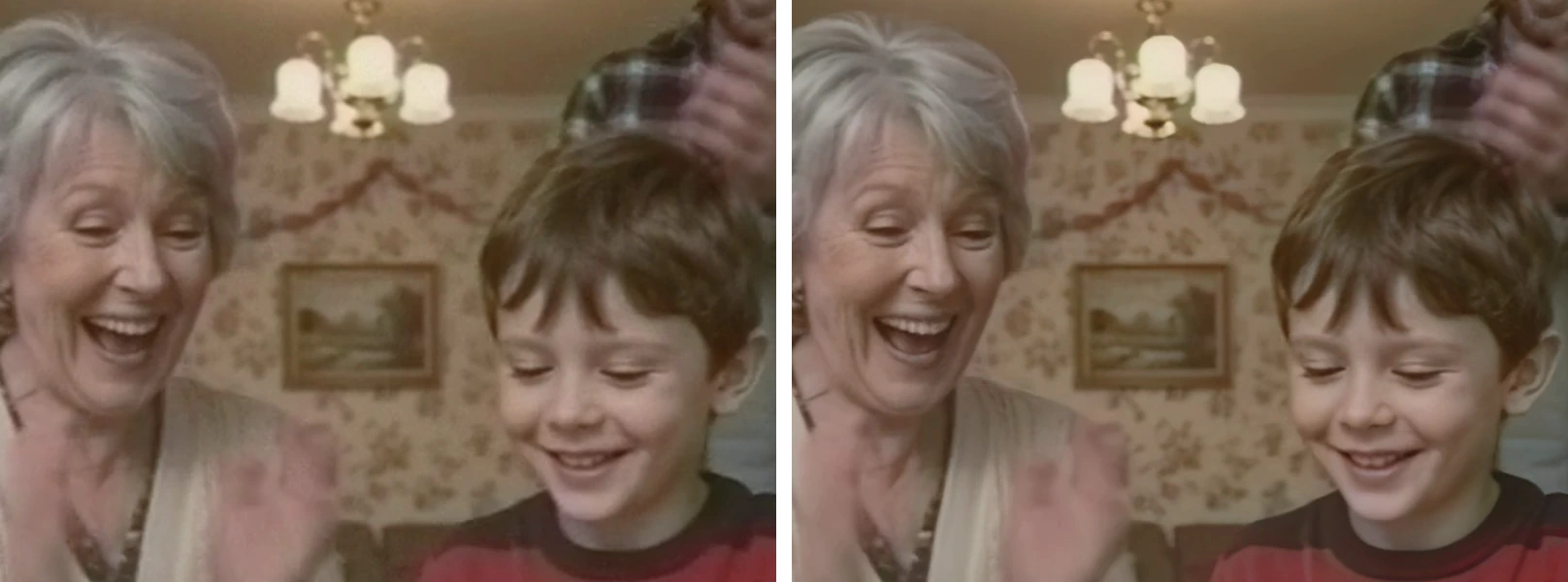 A close crop of the two faces from the test clip at full size: the source on the left shows grain and soft edges, the upscaled version on the right is clean, while the motion-blurred hand stays blurred
