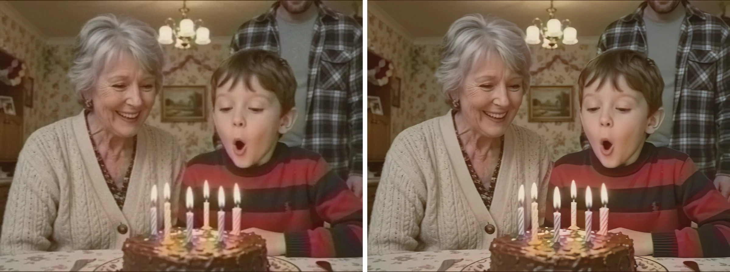 Two versions of the same video frame of a grandmother and a boy blowing out birthday candles: the left is soft and noisy, the right is cleaner with firmer edges, and both keep the same warm, faded colour
