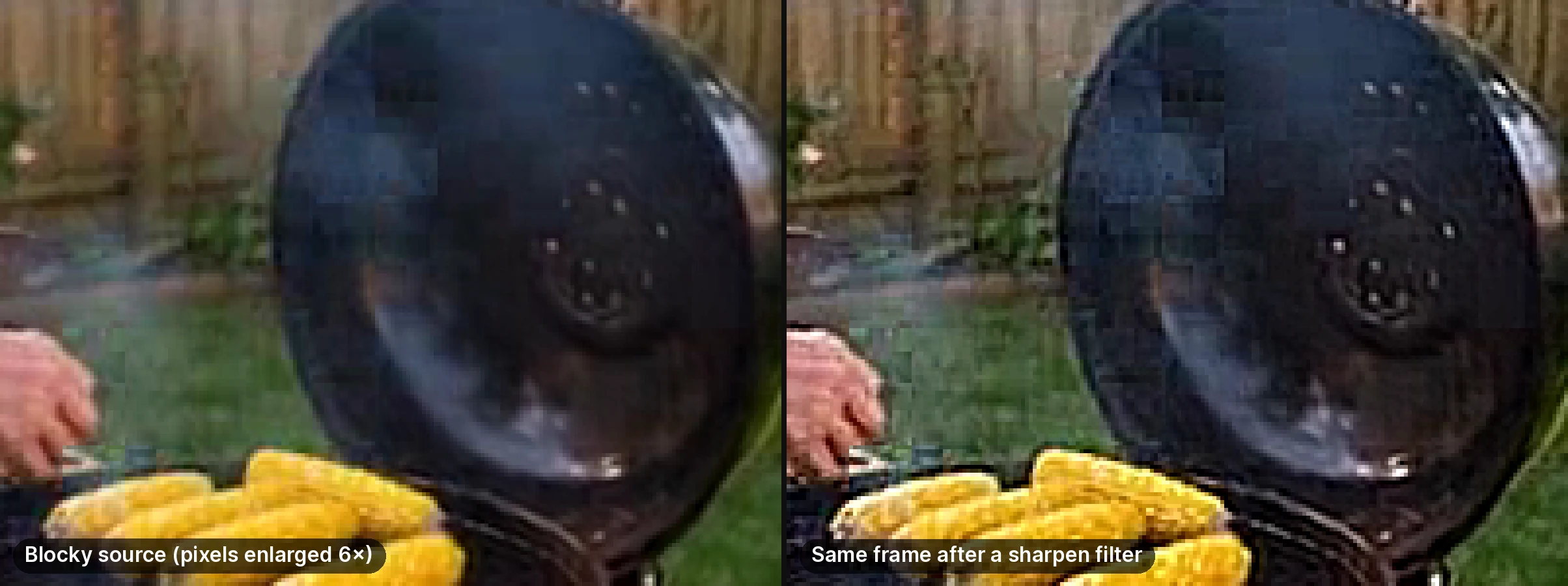 A blocky video frame before and after a sharpen filter: the compression blocks on the grill lid stay, and their edges get harsher