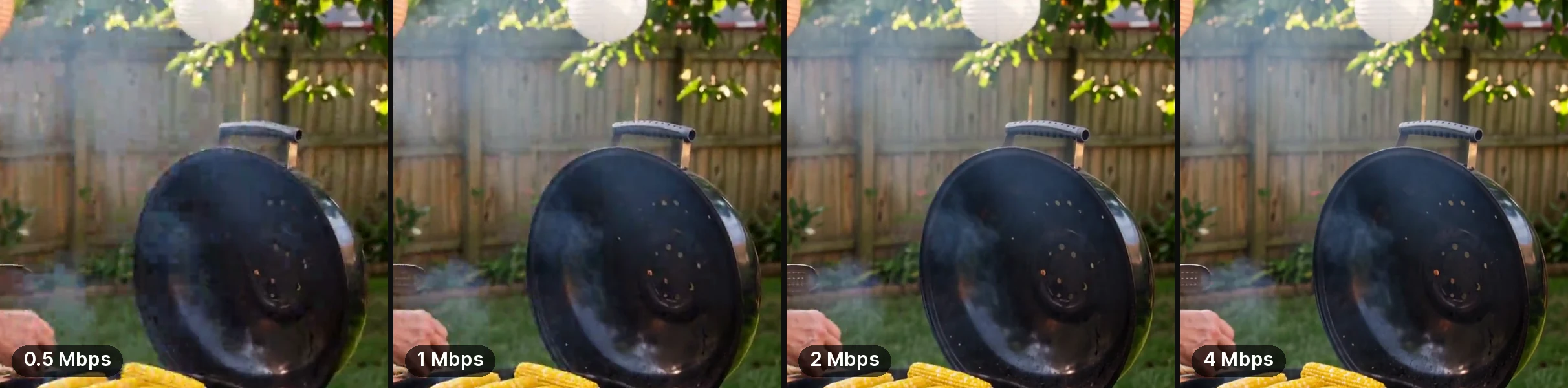The same 1280 by 720 barbecue frame exported at 0.5, 1, 2 and 4 Mbps: blocking on the grill lid and smeared smoke at 0.5 Mbps, clean by 4 Mbps
