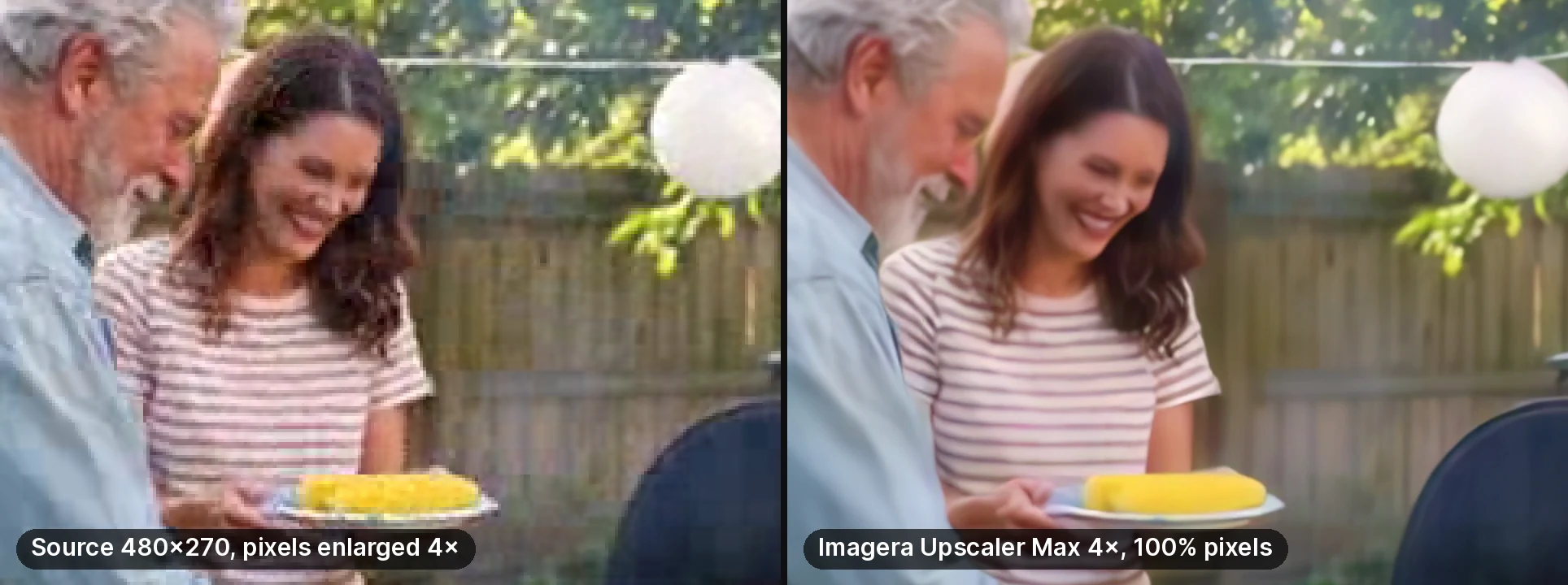 Faces and a plate from the 480 by 270 frame with enlarged pixels, beside the 4× output where the faces, striped T-shirt and corn are readable but smoothed