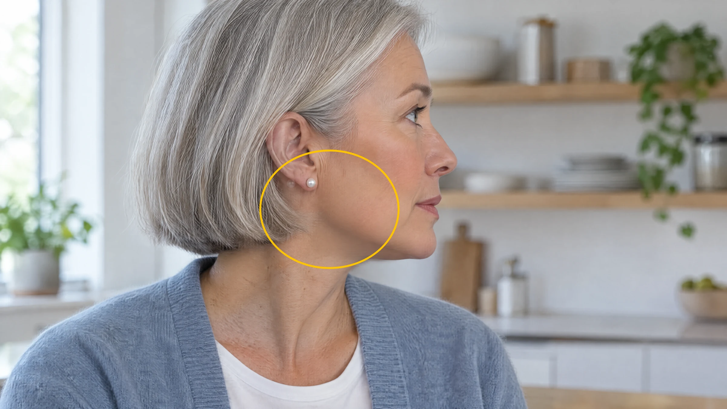 Illustration: an invented woman with a silver bob turns to profile in a kitchen, with a yellow circle around a pearl earring that has a faint ghost copy beside it and a jawline that blurs into her neck