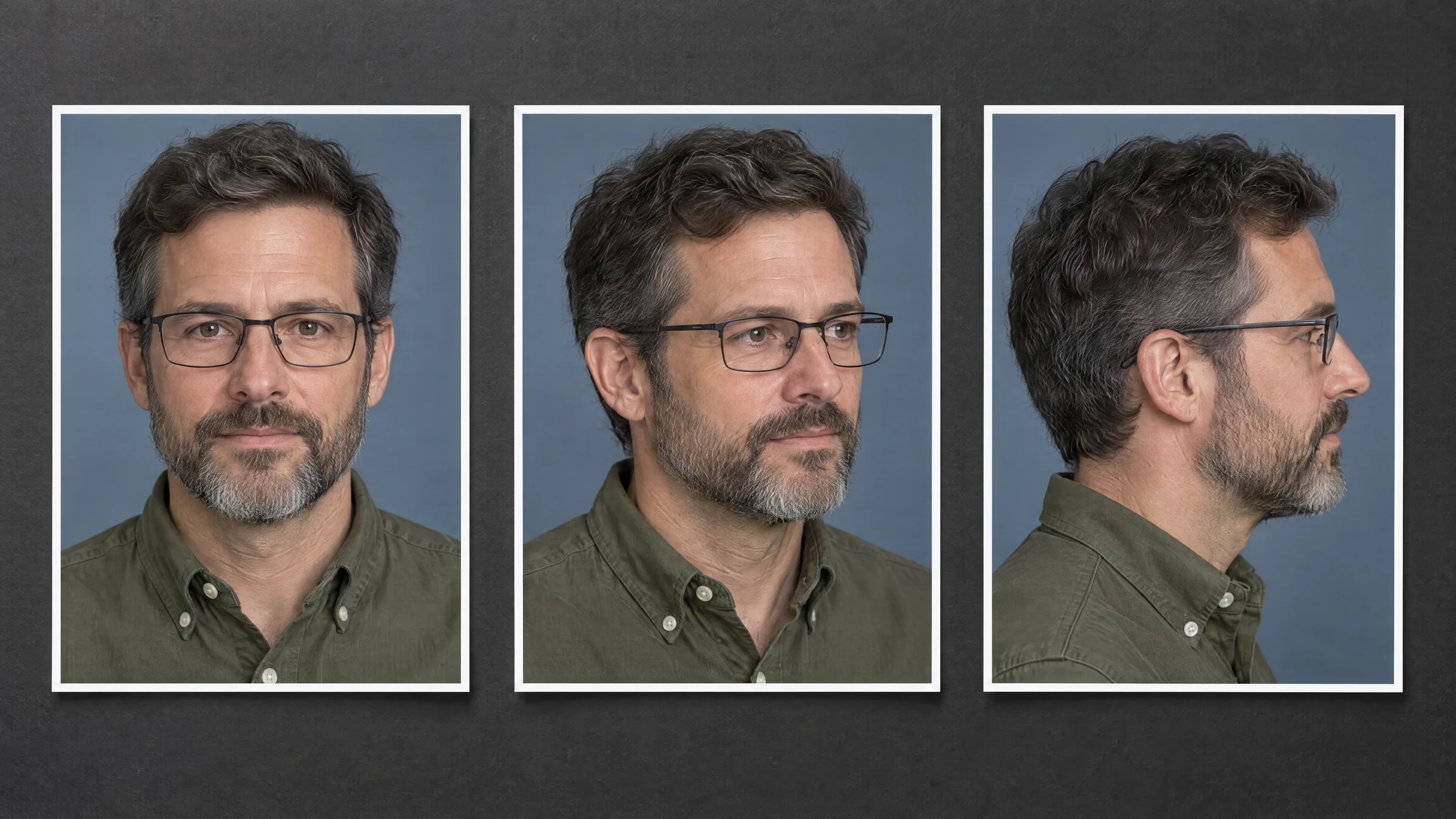 Illustration: three printed stills of the same invented bearded man in glasses on a dark surface, facing the camera, turned three-quarters and in near-profile
