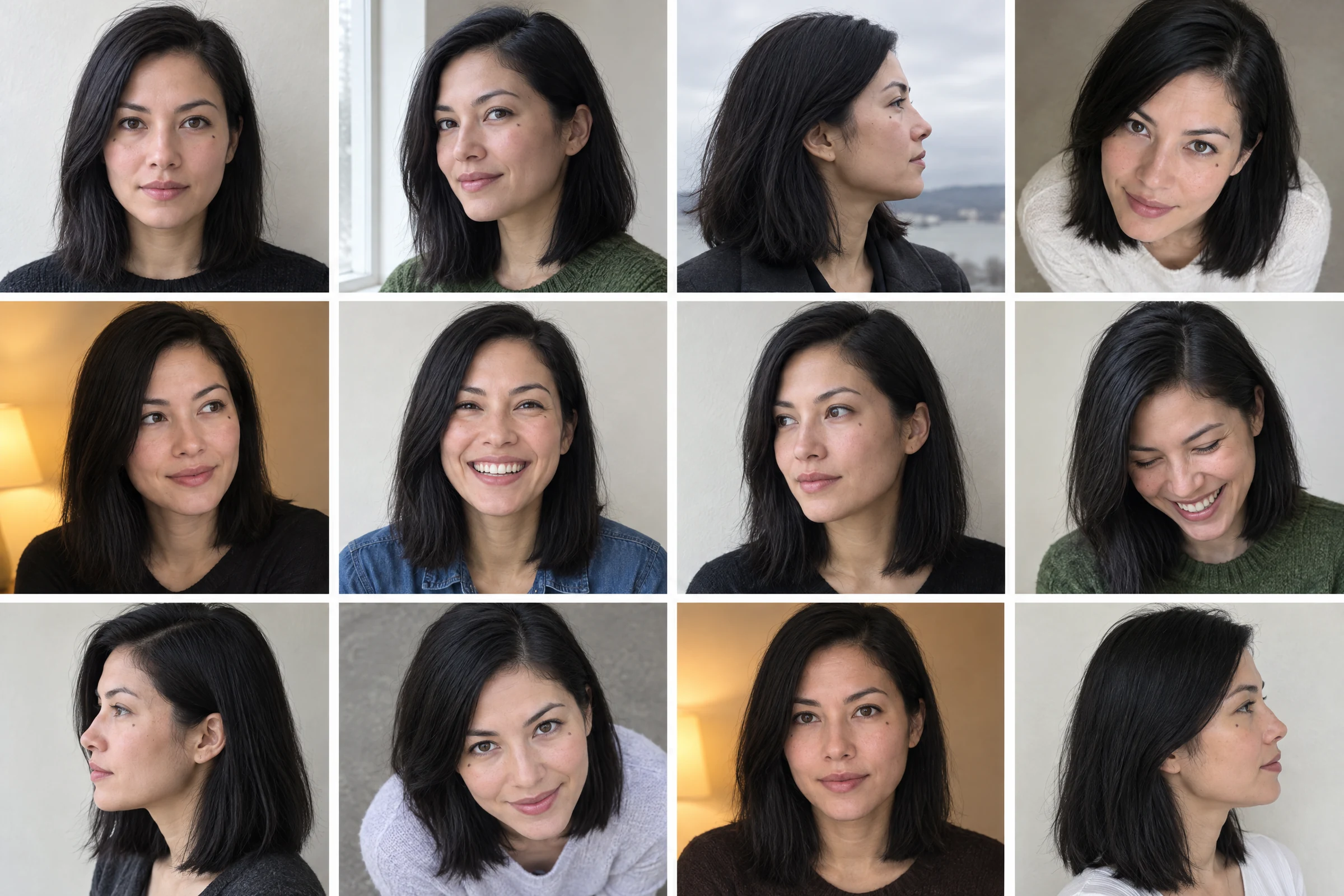Illustration: contact sheet of twelve generated photos of one invented woman with varied angles, light and expressions, the kind of variety a training set needs