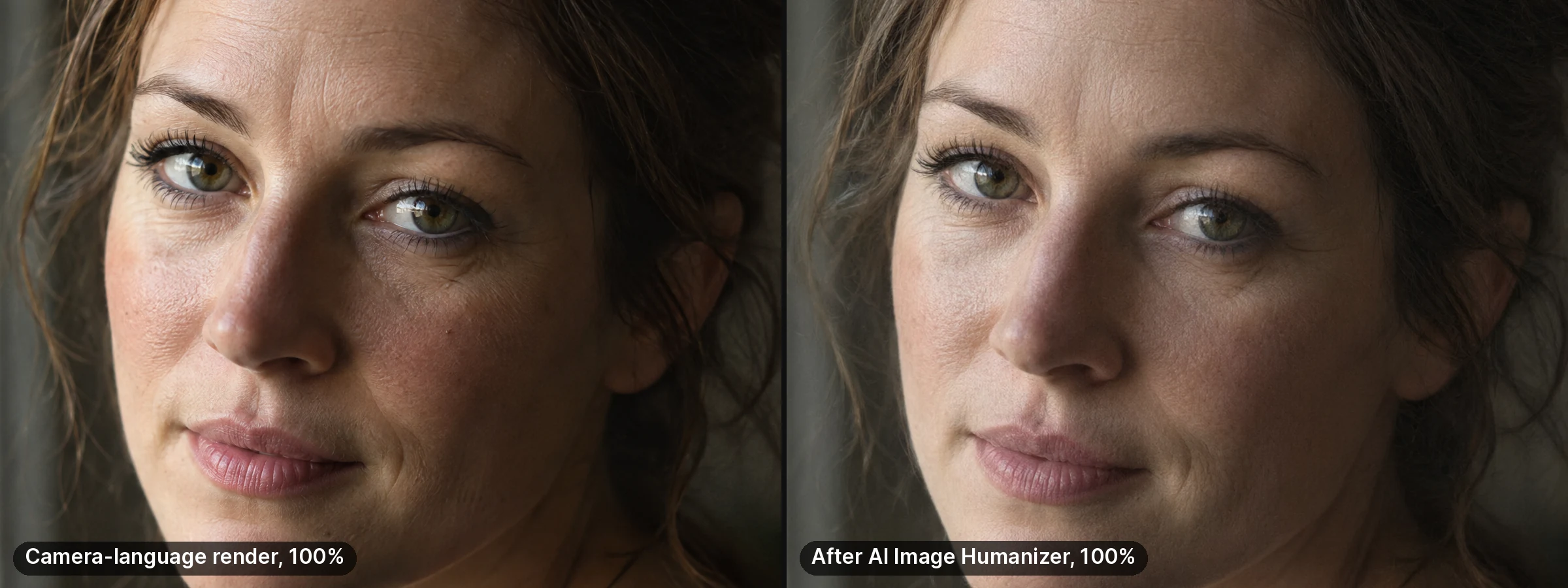 Eye and cheek of a window-lit generated portrait at 100% before and after the AI Image Humanizer: after the pass the contrast is lower and the fine lines and catchlight are softer