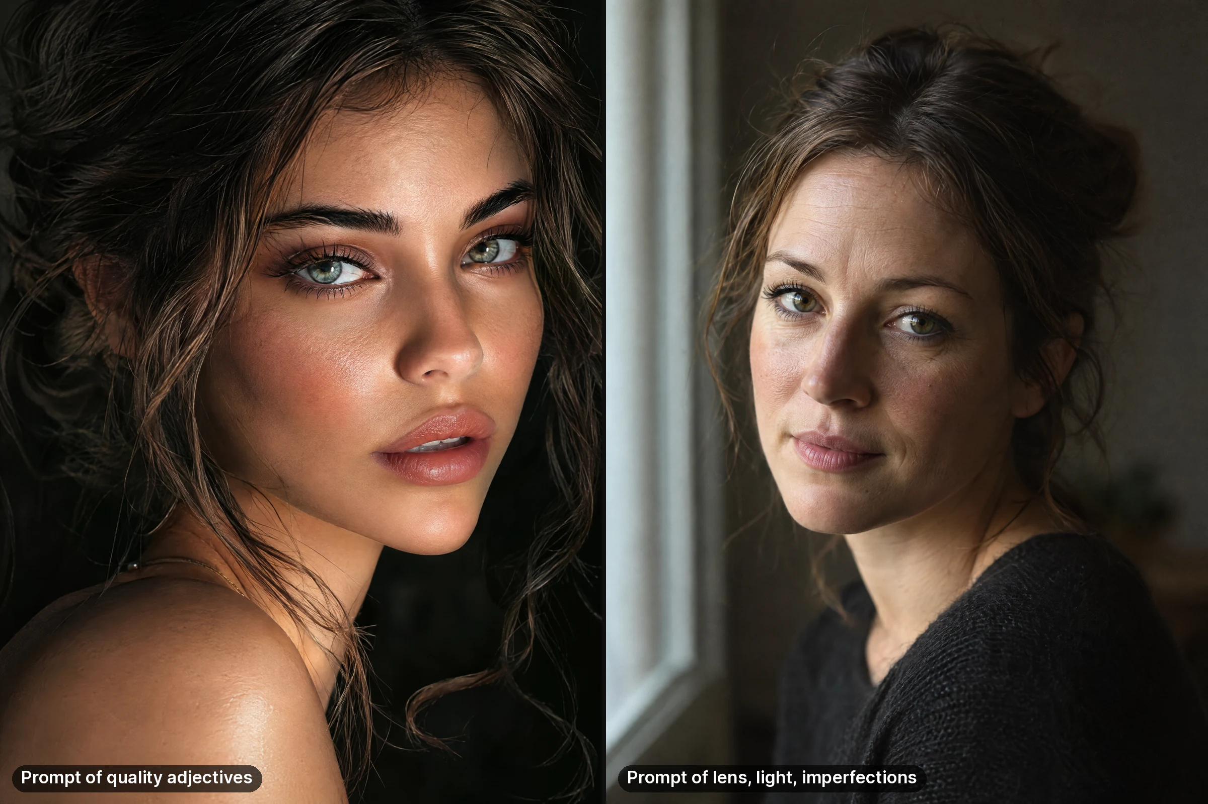 Two generated portraits: a glossy, heavily made-up render from a prompt of quality adjectives, and a window-lit portrait with visible pores and fine lines from a prompt describing lens, light and imperfections