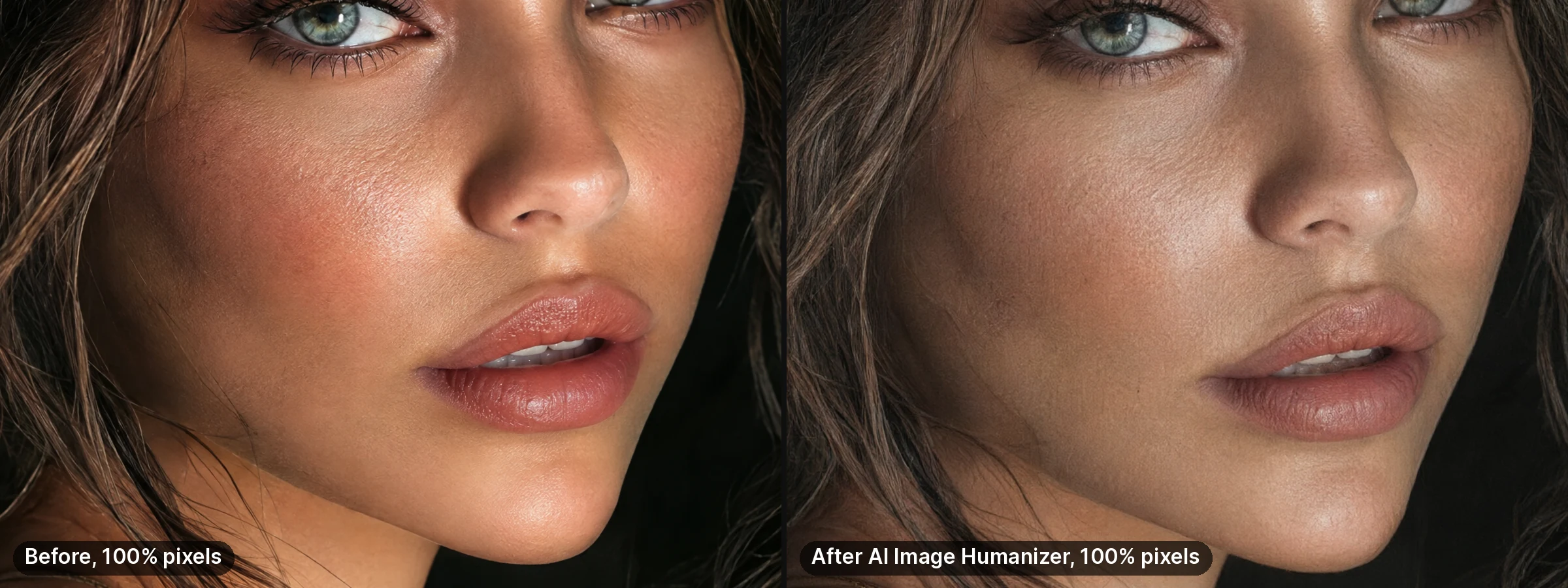 Cheek and lips of a generated portrait at 100% before and after the AI Image Humanizer: rosy blush and glossy highlights before, flatter colour and finer surface texture after