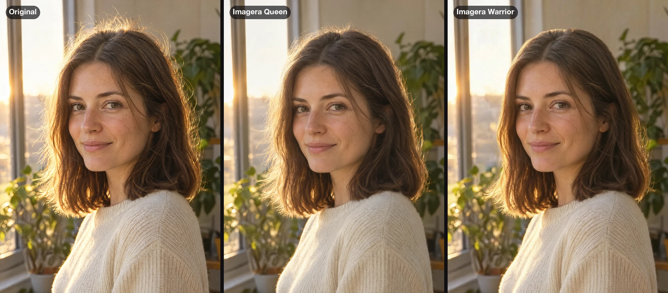 The original backlit portrait next to two real results from the same prompt, one from Imagera Queen and one from Imagera Warrior