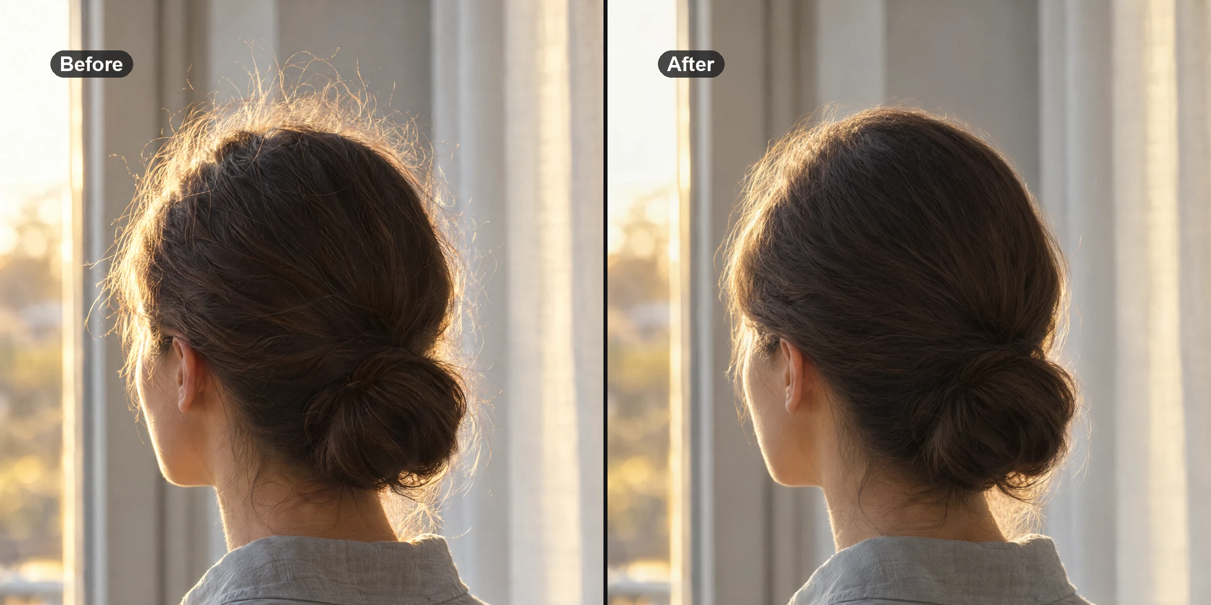 Before and after of a generated test photo (illustration) of a woman seen from behind: a backlit halo of flyaway strands around her low bun, then the real Smart Detail Enhancer result with the halo removed and the bun kept